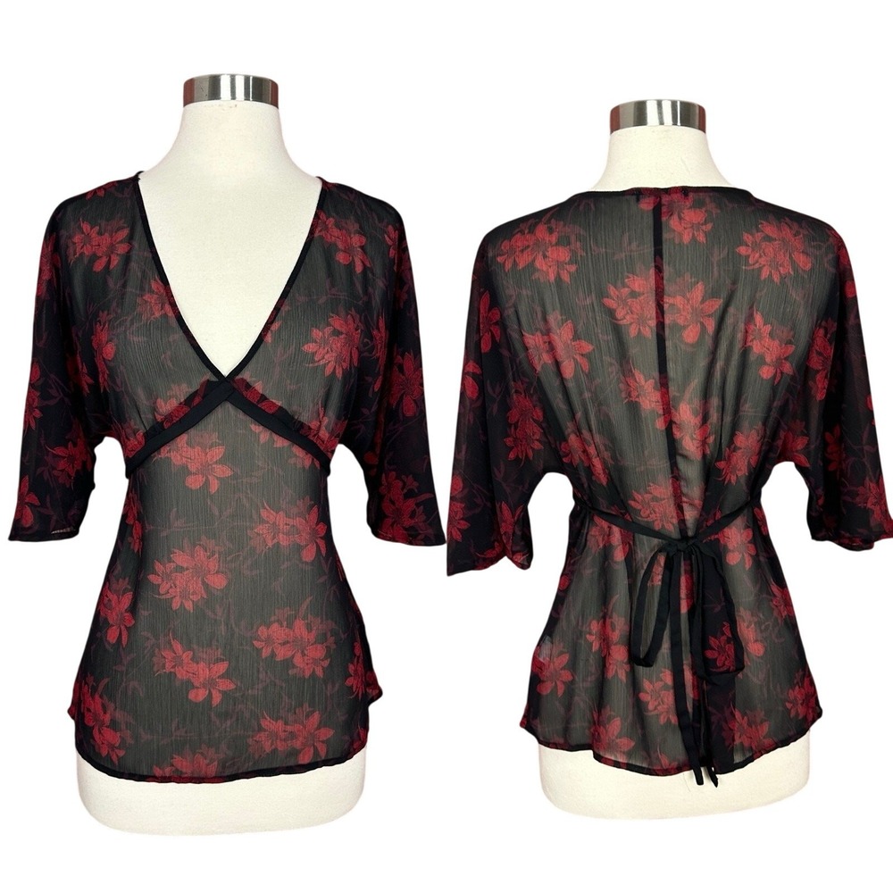 Vtg Apt 9 Top Womens Babydoll Y2K Red Floral Whimsigoth 90s Dark Romantic Medium